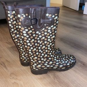 Capelli New York Polka Dot Rain Boots Brown with tan/green accents Women's Sz 7